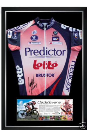 Cadel Evens signed and framed L/E bike suit