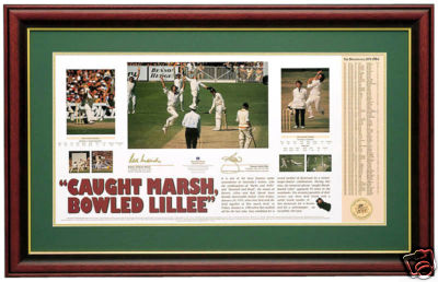 Caught Marsh bowled Lillee signed and framed lithograph 1 Caught Marsh bowled Lillee signed and framed lithograph