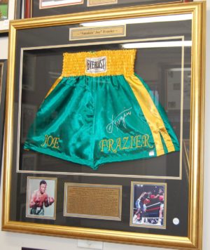 Jo Frazier signed and framed Boxing Trunks