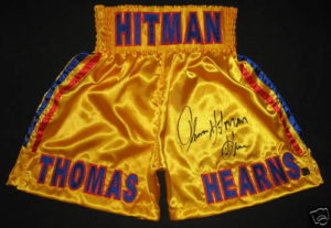 Thomas Hitman Hearns signed and framed Trunks