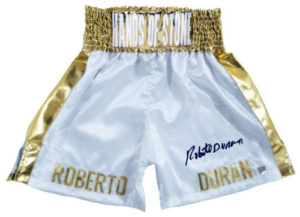 Robert Duran signed and framed boxing trunks