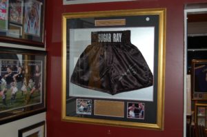 Sugar Ray Leonard signed and framed Boxing trunks