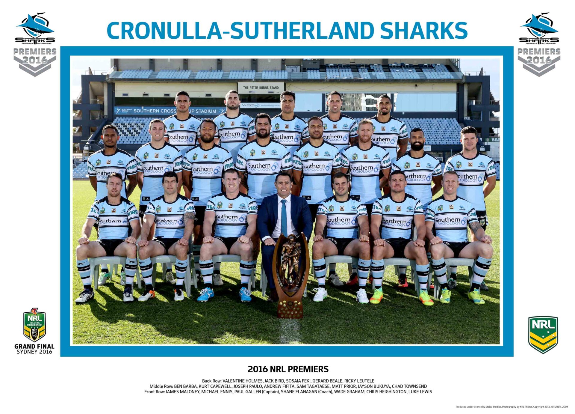 Cronulla Sharks 2016 Premiership team photo framed