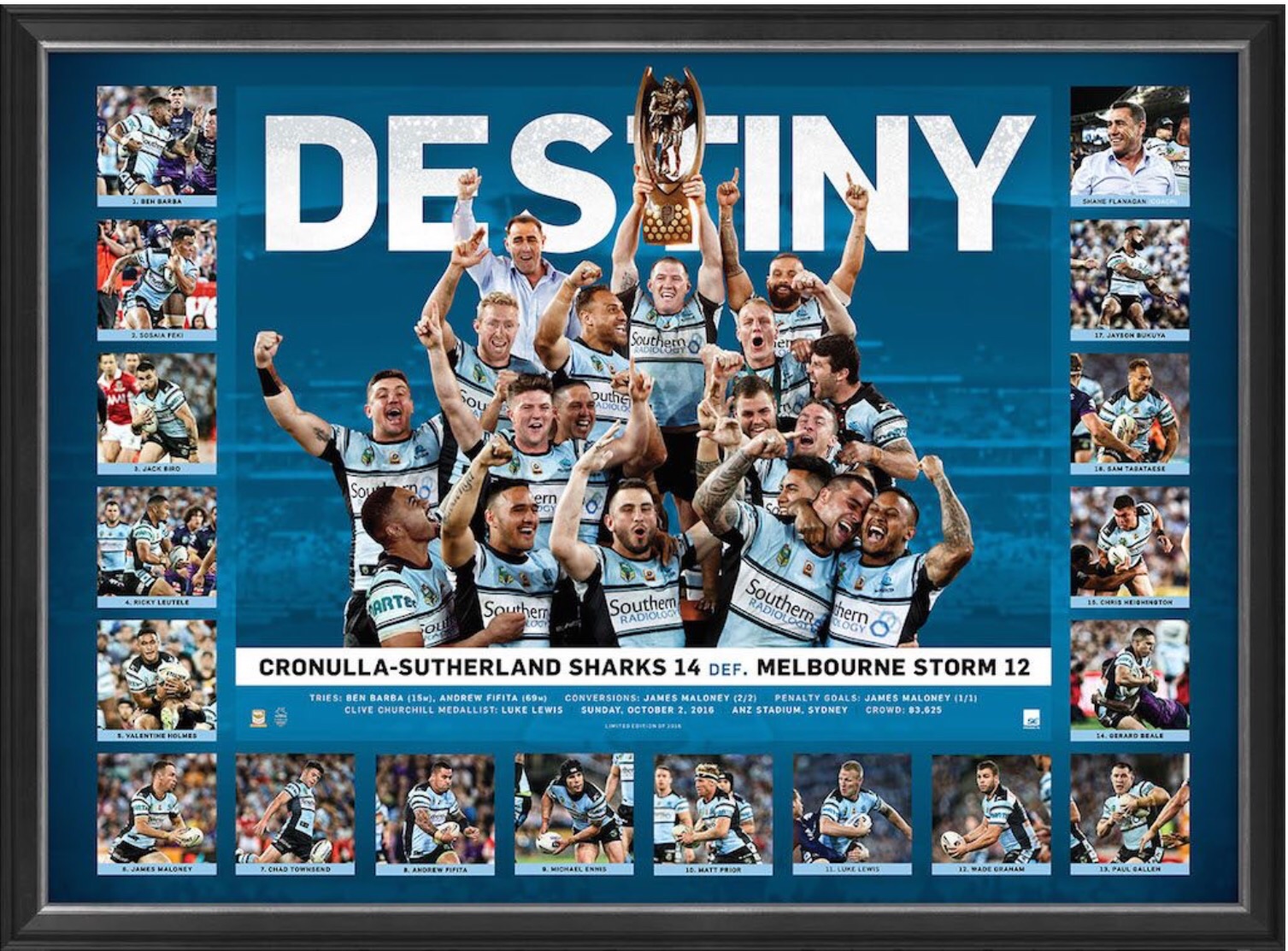 Destiny-Cronulla Sharks 2016 Premiership sports print framed-NRL History